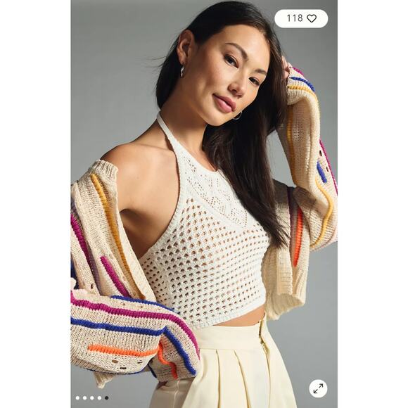 By Anthropologie Women's Beige Striped Cardigan Sweater One Size - Picture 5 of 16